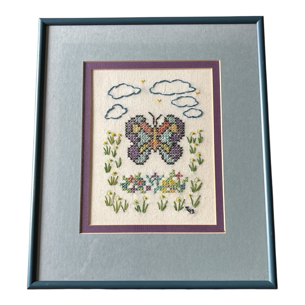 vintage framed butterfly cross stitch